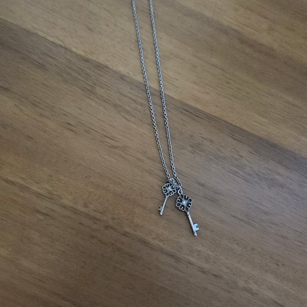 Silver Crystal Double Key Long Necklace